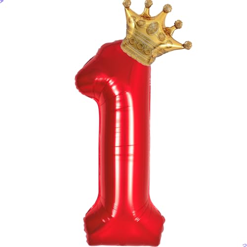 Image of Crown Red 1 Balloons for Red Theme Birthday Party Decorations for Women Kids, Foil Mylar Large 40 inch 1 Birthday Balloon for 1st plim plim Party Decorations Supplies (Number 1 balloons)