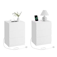VASAGLE KAILYN Collection - Bedside Tables with Power Strip, Set of 2 Side End Tables with Drawers, 2 AC Outlets, 2 USB Ports, for Living Room, Bedroom, Study, Cloud White LET831W15