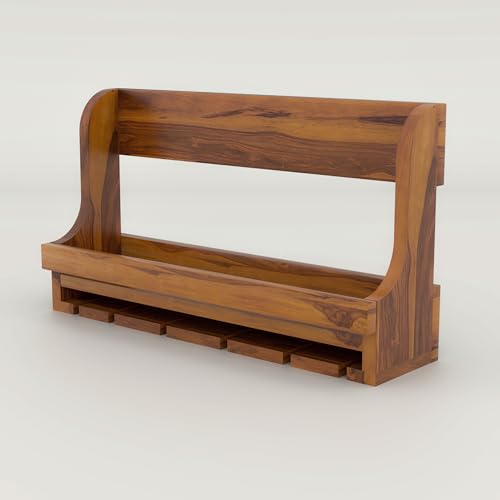 BHATI DECOR Wooden Wall-Mounted Wine Rack with Shelf, Rustic Teak Finish, 6 Bottle Storage