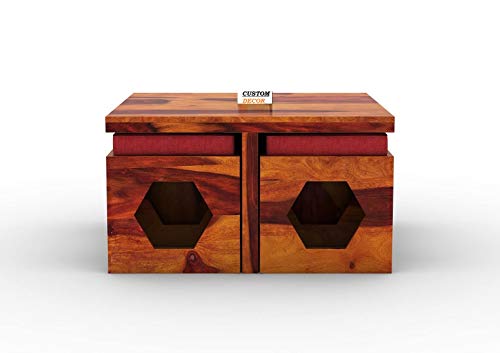 Image of CUSTOM DECOR Wooden Coffee Table with 4 Stools for Living Room | Honey Finish, with Cushion