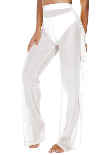 Image of Jumppmile Women's Ruffle Sheer Mesh Swimwear Bikini Cover Up Pants See Through
