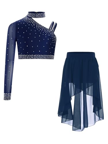 Oyolan Mädchen Ballettkleid EIN Ärmel Crop Top mit High-Low Tüll Rock Lyrischer Tanzkleid Standard Ballsaal Walzer Tango Tanzkleidung Set Navy blau...