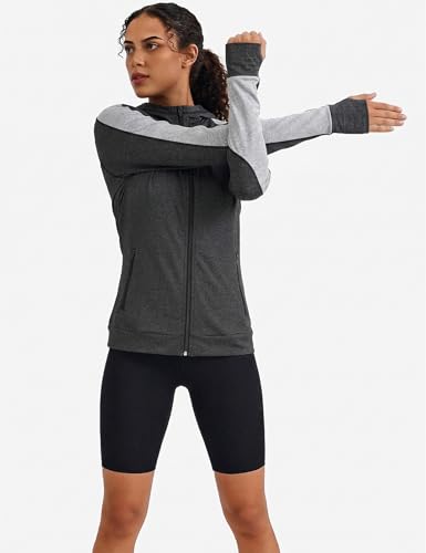 Wayleb Damen Laufjacke Sportjacke Langarm Trainingsjacke Kapuzenjacke Sweatjacke Atmungsaktive mit Daumenloch und Tasche Für Laufen Yoga Fitness Schwarz M