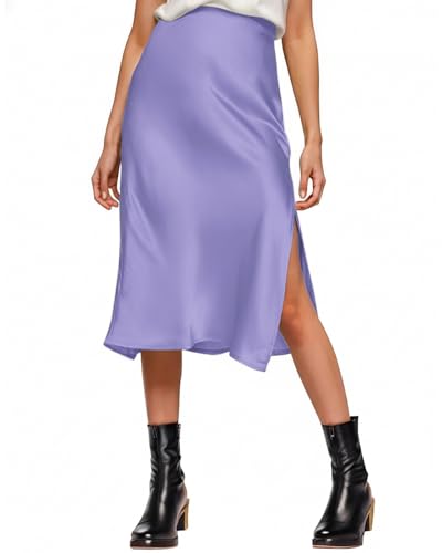 Image of Amy Babe Womens Satin Silk High Waist Slit Midi Skirt Long Skirts for Women | Elastic Waistband, Side Split, Midi Length, Below the Knee, Silky Fabric, Elegant, Fall Winter Outfits