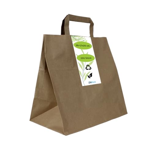Enpack - 250 sacchetti di carta marrone con manico - Sacchetti regalo per piccoli regali 26+17x26 cm - Sacchetti di carta kraft - Sacchetti di carta marrone - Sacchetti regalo di carta da riempire