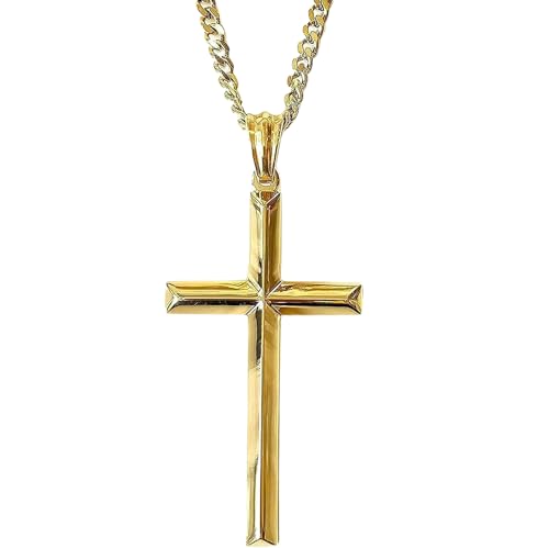 Men's 24k Gold Plated Beveled Cross Necklace with 3mm Cuban Link Chain