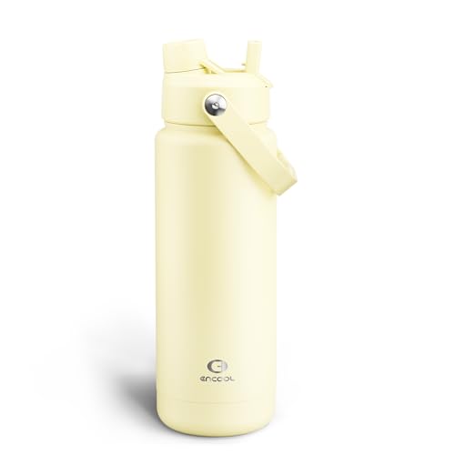 Image of ENCOOL Insulated Water Bottle with Straw Stainless Steel Water Bottle, Leak-Proof, BPA-Free, Double Wall Vacuum Keeps Cold for 24 Hours for Sports, Travel, School (32 oz, Light Vanilla)