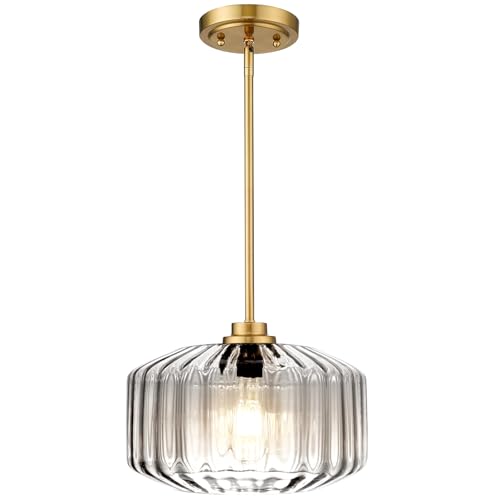 Image of Pendant Lights Kitchen Island Mid Century Modern Ceiling Light Gold Chandelier with Clear Glass Shade Hanging Lights for Bedroom Living Dining Room Compatible with E26 Bulb (Bulb Not Included)