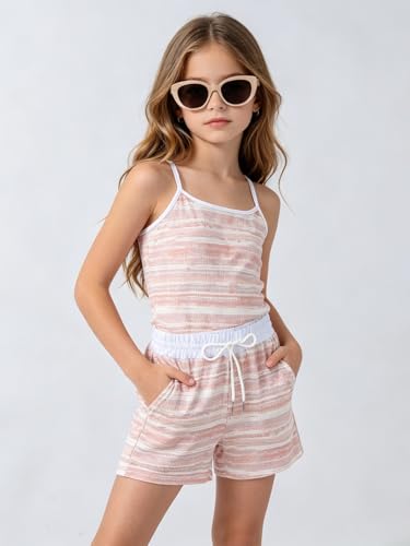 Image of Size 7-14Y Girls Clothes 2 Piece Outfits Striped Tank Top Drawstring Shorts Teen Girls Summer Clothing Sets