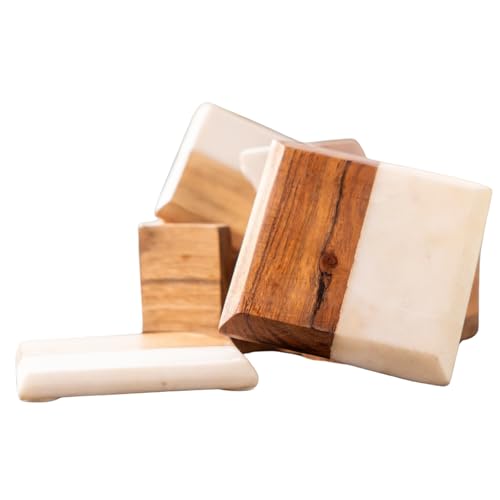Image of Ireka Home Wood & Marble Coaster Set with Holder, Set of 4 | Handmade Stone Coasters, For Tea Cups, Coffee Mugs & Glasses, Home Decor