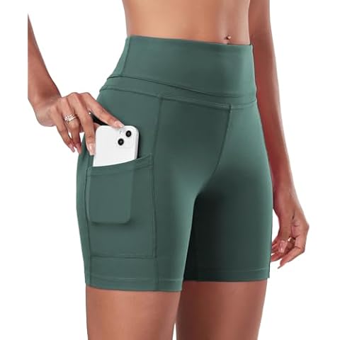 ChinFun Yoga Shorts for Women High Waist Tummy Control 4 Way Stretch Workout Running Shorts Side Pockets Army Green Size M Cover