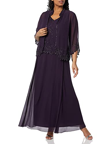 J Kara Women's Plus Size Beaded Long Jacket Dress, Plum/Multi, 14W