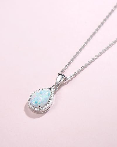 FANCIME October Birthstone Necklace Sterling Silver White Opal Necklace Fire Opal Halo Waterdrop Teardrop Pear Shape Opal Pendant Fine Opal Jewelry for Women2