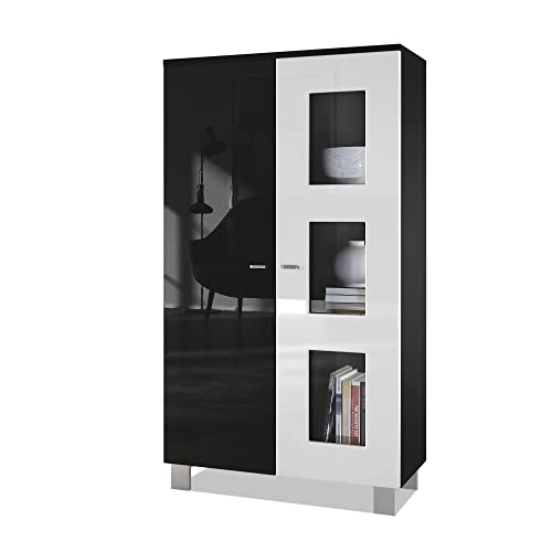 Vladon Vitrine de Salon Denjo, Vitrine sur Pied avec 2 Portes et 3 vitres, Noir Mat/Noir Haute Brillance/Blanc Haute Brillance (71 x 129 x 35 cm)