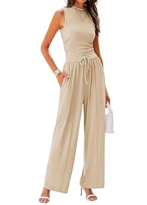 Rayson Zweiteiler Sommer Damen Ärmelloses Oberteil und Weite Hose hoher Taille mit Taschen Damen Trainingsanzug Set mit Kordelzug Casual Eleganz（Beige, L）