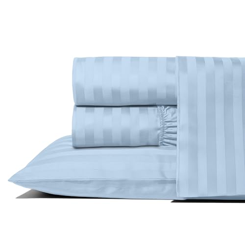 Image of THREAD SPREAD Egyptian Cotton Sheets Queen Size - 1000 Series High Thread Count Cotton Queen Sheet Set (4 PC, Light Blue - Stripe), 16 inch Snug Fit Deep Pocket, Cooling, Sateen, Soft Hotel Luxury Sheets