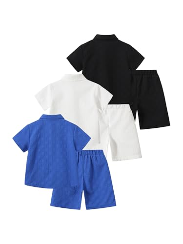 Image of Boys 6 Pieces Summer Beach Outfits Short Sleeve Button Down Shirts and Shorts Vacation Texture Sets for Kids
