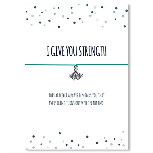 Glücksschmiedin - Pulsera de fuerza con colgante de hoja de ginko plateado y tarjeta postal en inglés - I give you strength- banda textil elástica de tamaño ajustable Cover