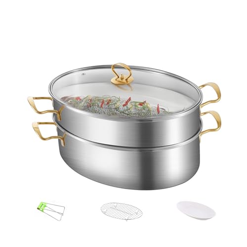 ZOLPINL Vaporera de Pescado de Acero Inoxidable, Multiusos, Ovalada, con Tapa, 2 Niveles y Rejilla, de cerámica, para Caldo