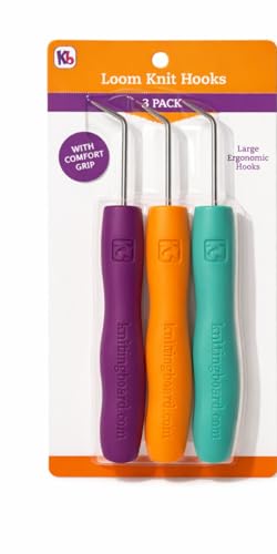Image of Authentic Knitting Board Ergonomic Loom Knitting Hook /Tool, Loom Hook Tool with Rubber Comfort Grip, Easy on Wrists & Arthritic Hands, Fits All Knitting Looms (3 Pack) Orange, Purple, Green Hooks