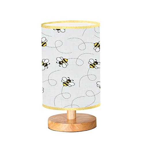 Image of UGDBFUY Dimmable Bedside Lamp Seamless with Flying Bees on a Dotted Route Cartoon Black and Yellow Desk Lamps Wooden Base Linen Lampshade Table for Bedroom Living Room Study Office Gift 5.5*11inches