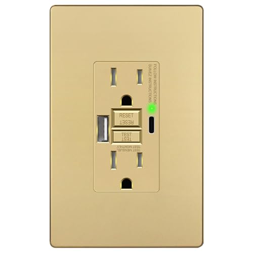 LIDER 15A GFCI USB Outlet Tamper-Resistant Self-Test 4.2A USB A&C LED Indicator Anti-Interference (No-False-Trip) Protection Screwless Wall Plate ETL Listed Thermoplastic Matte Gold 1-Pack
