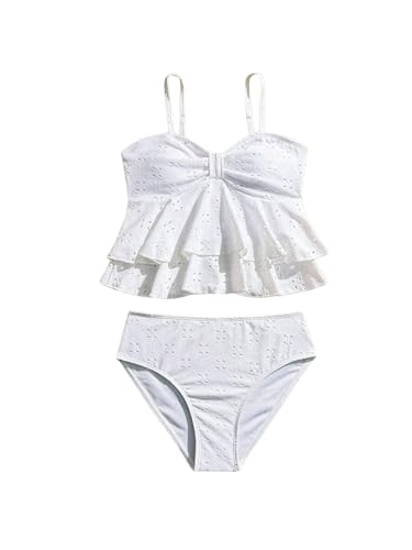 SHENHE Girl's 2 Piece Tankini Swimsuit Ruffle Flounce Bathing Suit Eyelet Embroidery Swimwear White 12Y