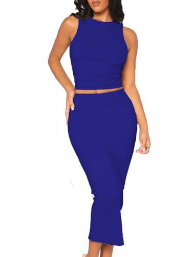 Image of Bdwinz Women's Casual 2 Piece Dress Round Neck Tank Top Bodycon Midi Skirt Dress Set