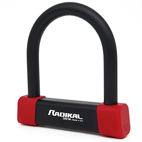 RADIKAL RK120125 Antivol U Moto Premium Homologué SRA, Blocage Pince Roue, Acier Cimenté, Anse ø18mm, Revêtu, Double Verrouillage, Cadenas en U Sabot Roue pour Scooter, Velo Electrique 120x125mm