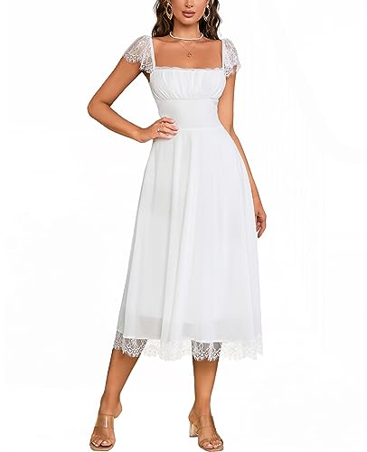 EYNMIN Lace Strap Chiffon Dresses for Women Casaul Flowy A Line Midi Tea Party Dress