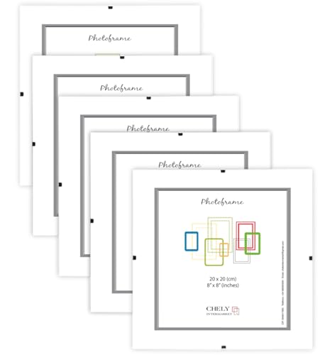 CHELY INTERMARKET MOD300 Marco Portafoto Clip Metacrilato Sin Borde Moderno 20x20cm Montaje Vertical Horizontal Decoración Posters Carteles Oficinas Galerías Color Transparente Incluye 5 Unidades