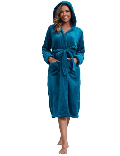 Rubehoow Damen-Bademantel aus Flanell, lang, Plüsch, mit Kapuze, super warm, Wickel-Bademantel mit Taschen, türkis, XXL
