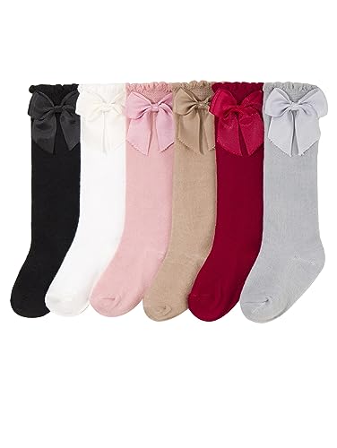 OYOANGLE Girl's 5 Pairs Bow Front Over the Calf Sock Ruffle Trim Knee High Socks Pink Multi 6-12M