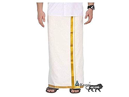 Kraxta™ Men's Cotton Dhoti Lungis and Mundus with Wide Golden 4m Zari Border (Large, Multicolour)