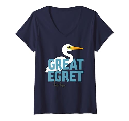 Womens Cute Cartoon Jumbo Great Egret Bird Species Name V-Neck T-Shirt