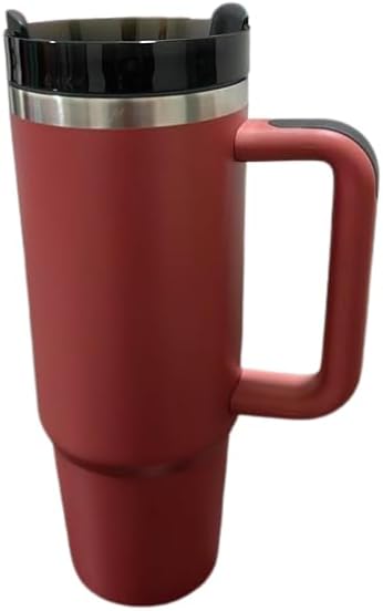 Stainless Steel Travel Mug, 40oz Vacuum Insulated Tumbler with Handle, Straw, BPA-free Lid, Maroon. Keeps drinks hot/cold for 12hrs. Perfect for coffee lovers, road trippers, or anyone.