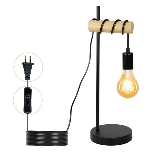 Homefire Tischlampe Holz Nachttischlampe Vintage Tischleuchte Schwarz Retro...