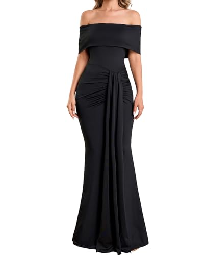 Off The Shoulder Formal Maxi Dress Fall Wedding Guest Ruched Bodycon Cocktail Party Dresses for Women 2025