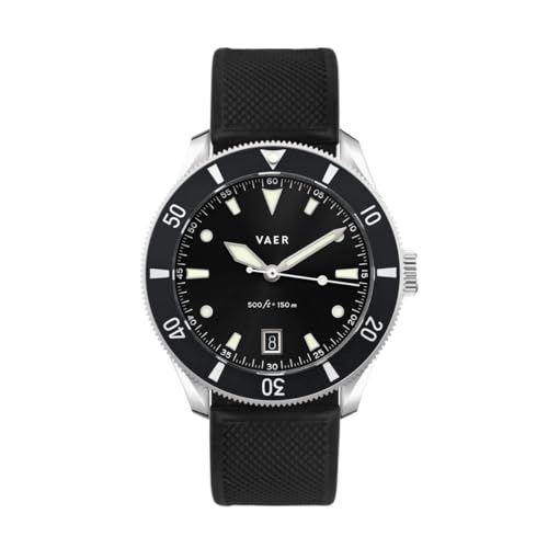 Vaer DS2 Meridian Black Quartz Dive Watch for Men - Ocean Ready 15 ATM, 42mm, Battery-Powered, Sapphire Crystal (+/- 20 Seconds per Month), Two Quick-Change 20mm Straps - Gift Set for Men