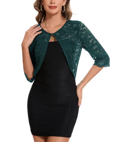 Image of MINTLIMIT Women's Elegant Floral Lace Shrug Bolero Summer Lightweight 3 /4 Sleeve Hook Open Front Cropped Cardigan for Dresses
