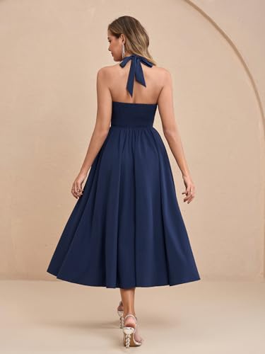 Image of Parthea Women's Gingham Halter V Neck Midi Dress Corset Smocked Sundress Flowy A Line Wedding Guest Dresses