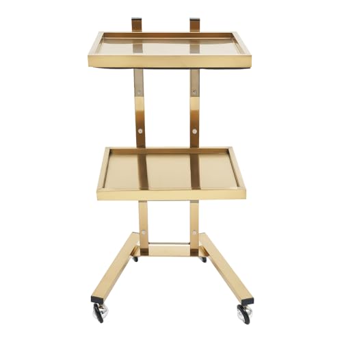 2 Tier Beauty Rolling Cart, Folding Stainless Steel Tray Trolley, Portable Trolley Cart with Universal Wheels for Hair Salon, Spa Salon, Folding Table Roller Work Station 16 x 12 x 34inch (Gold)