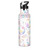FLildon 20oz Water Bottle with Straw Lid, Watercolor Soccer Balls Stainless Steel Sport Water Bottle Leak-Proof Double-Wall Vacuum Insulated Bottles