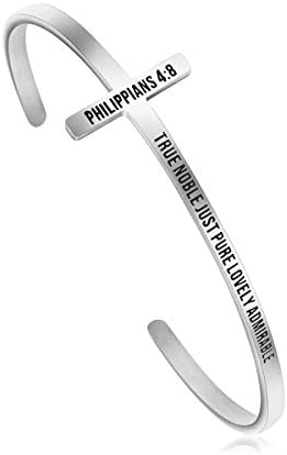 Cross Bracelet Religious Cuff Bangle Bible Verse Christian Gifts Jewelry for Women (True noble just pure lovely admirable -Philippians 4:8)