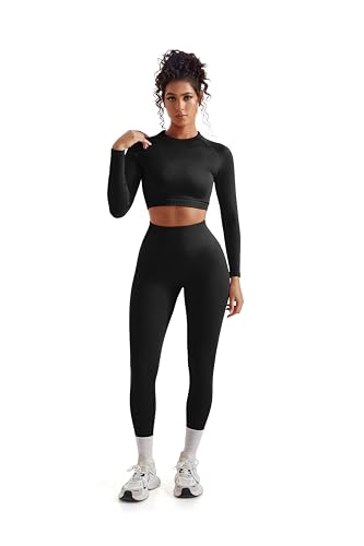 SUUKSESS Women 2 Piece Workout Sets Hidden Scrunch Hip Lifting Seamless Leggings Long Sleeve Yoga Crop Tops High Waisted Yoga Pants Tracksuits (Black, M)