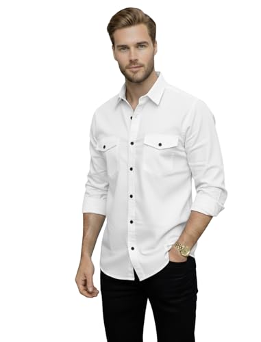 Image of DEELMO Men's Classic Cotton Blend Slim Fit Shirt || Full Sleeve Button-Down Casual Shirt with Dual Flap Pockets || Soft Breathable Fabric || Ideal for Office Party and Everyday Wear