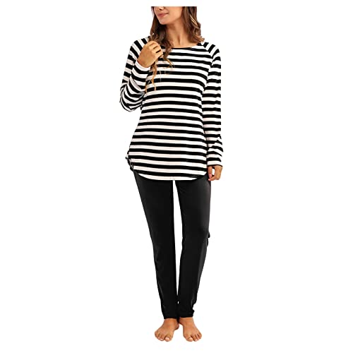 Pyjama rayé 2 pièces pour femme avec manches longues col rond et pantalon taille élastique