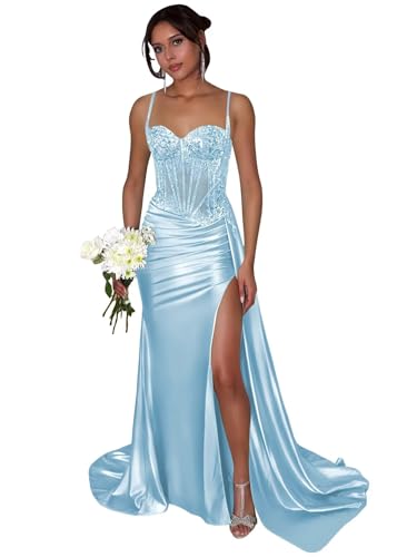 BOLENSYE Satin Corset Prom Dresses for Women 2025 Spaghetti Strap Mermaid Long Ruched Evening Party Gown with Slit