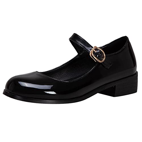 Bviennic Femmes École Talons Moyen Cuir Verni Mary Jane Chaussures Bout Rond Confort Bride Cheville Bloc Escarpins Formal Eté Chaussures Noir Taille 45...