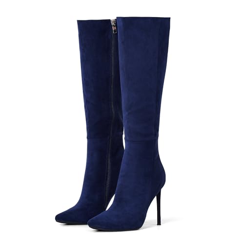 Zhabtuc Bottes hautes pour femmes de 4 pouces, bottes à talons aiguilles à bout pointu et large mollet en cuir suédé confortable et sexy, Daim bleu marine,...